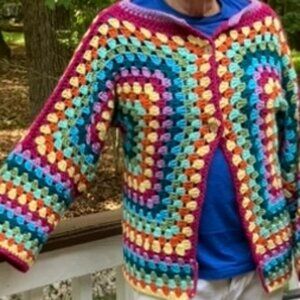 Cardigan Sweater Multicolor Handmade Crochet with 2 Buttons Large
